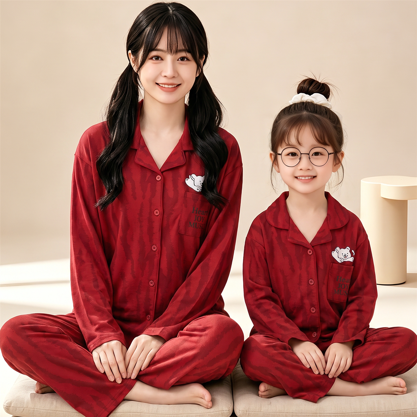 女童睡衣春秋季长袖纯棉儿童中大童女孩母女装红色喜庆家居服套装