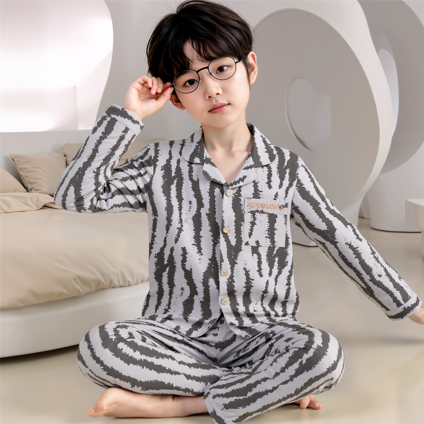 春秋季儿童睡衣男童纯棉长袖开衫青少年中大童男孩洋气家居服套装