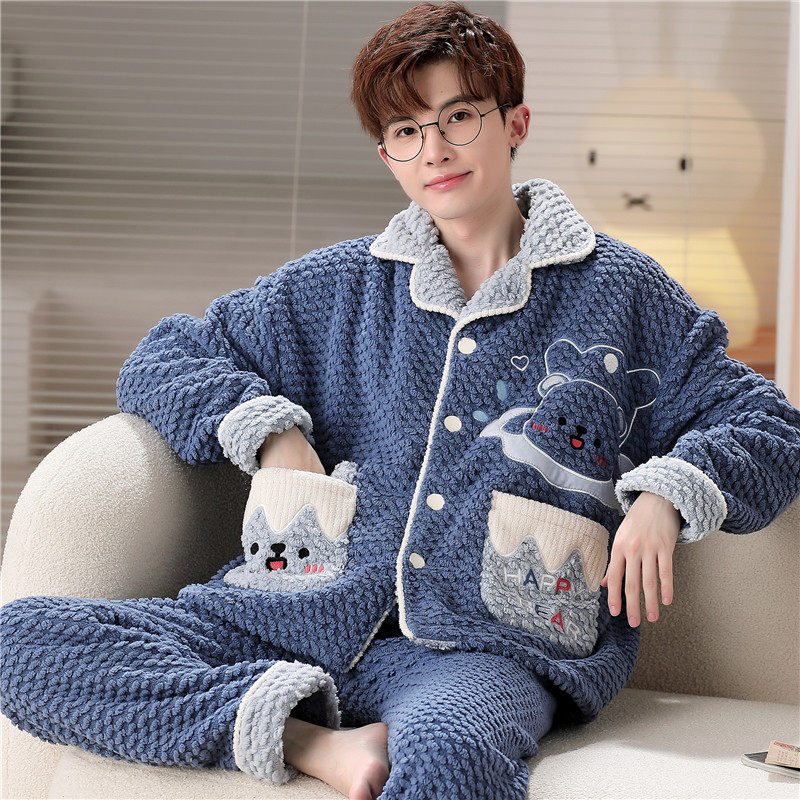 男士睡衣秋冬季珊瑚绒男款青少年学生加绒加厚款法兰绒男式家居服