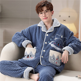男士睡衣秋冬季珊瑚绒男款青少年学生加绒加厚款法兰绒男式家居服