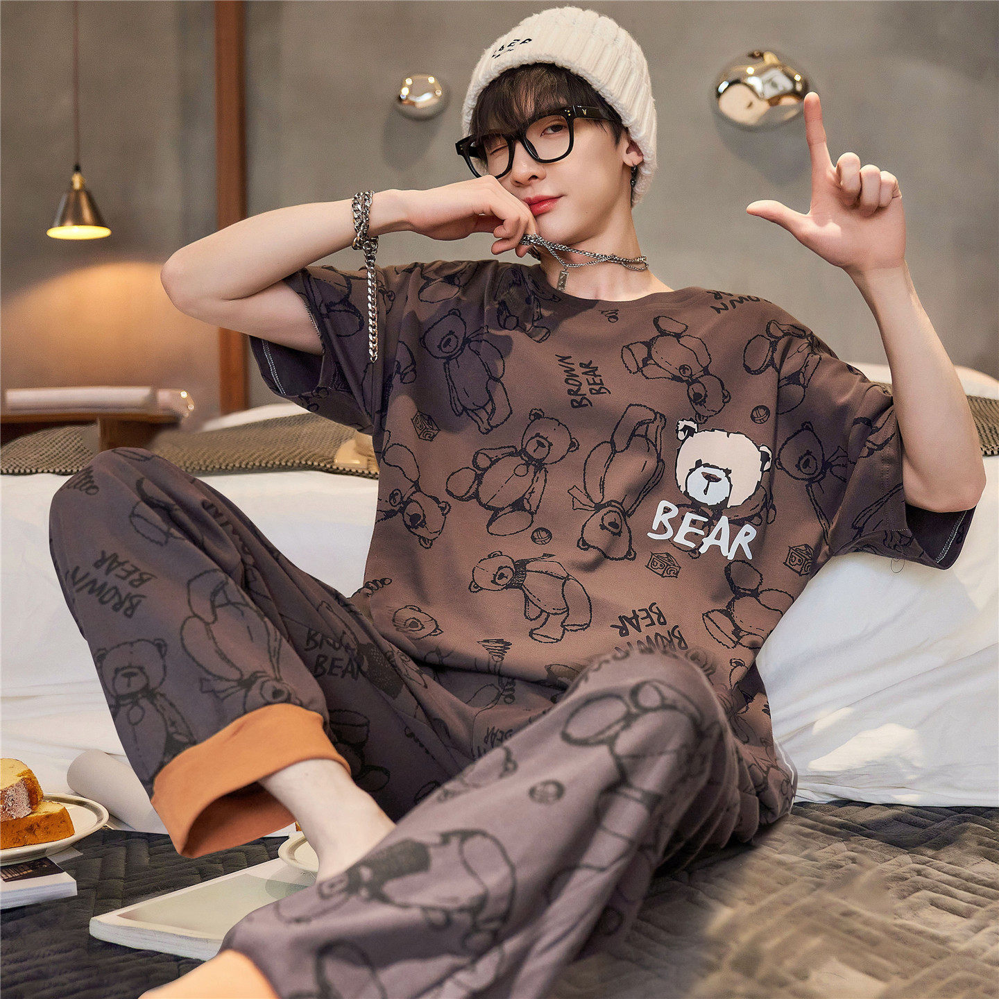 睡衣男款夏季纯棉短袖长裤大童男孩青少年学生全棉卡通家居服套装