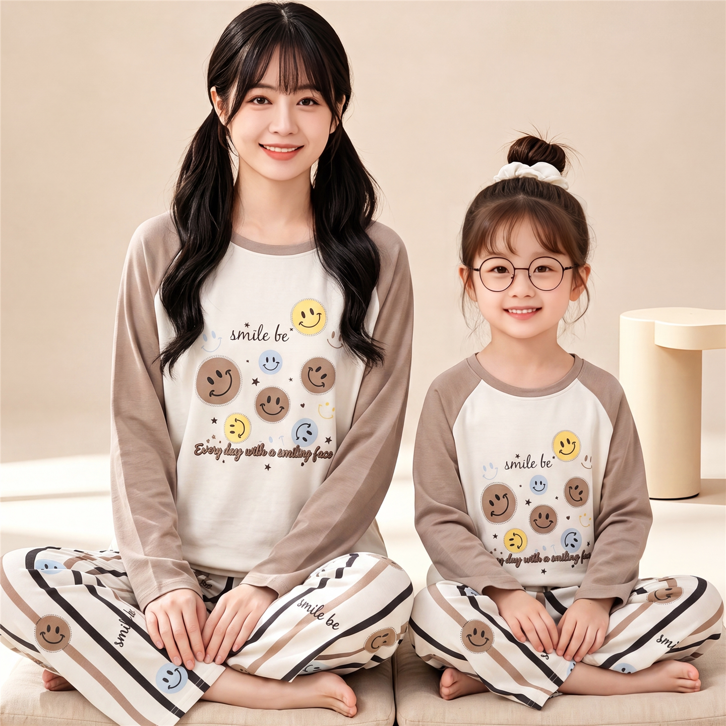 儿童睡衣女孩秋季长袖纯棉女童中大童母女亲子韩版简约家居服套装