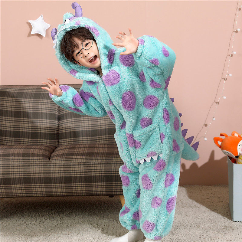 儿童珊瑚绒睡衣秋冬季加厚加绒男童中大童法兰绒连体家居服10岁12