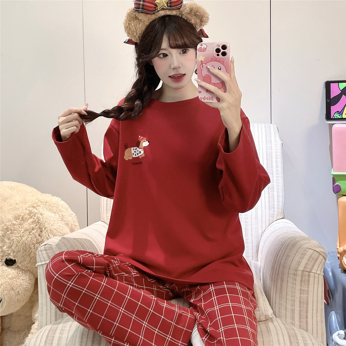睡衣女生春秋季长袖纯棉女孩中大童初中高中学生红色本命年家居服