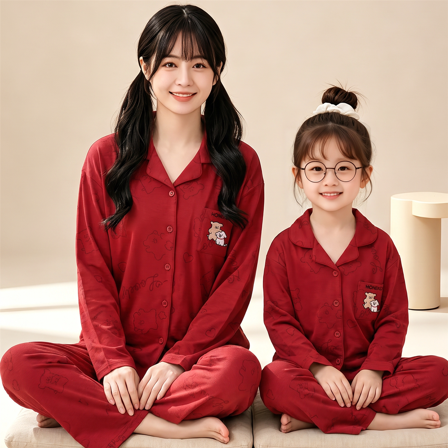 儿童睡衣女童纯棉长袖春秋季女孩中大童红色本命年家居服母女套装