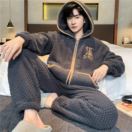 睡衣男秋冬季加厚珊瑚绒男孩青少年学生法兰绒保暖休闲家居服套装