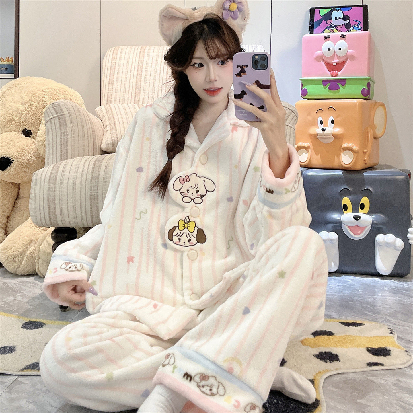 睡衣女款秋冬季珊瑚绒法兰绒女孩中大童初中学生公主风家居服套装