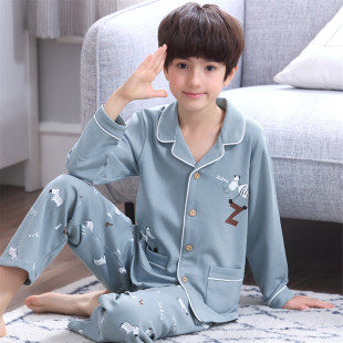 中大童小孩全棉秋冬薄男孩家居服 长袖 春秋季 儿童睡衣男童纯棉套装