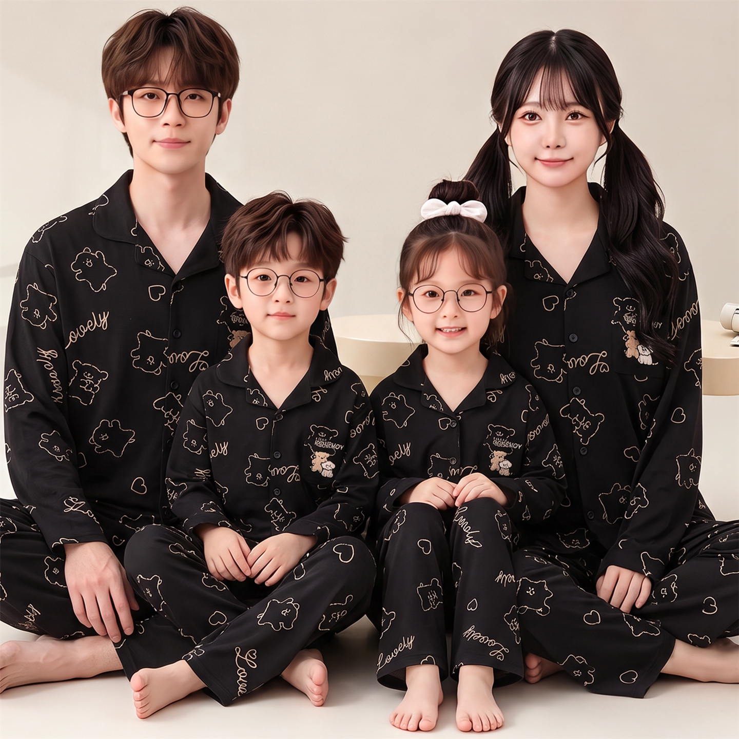 亲子睡衣一家四口春秋季纯棉长袖男童女童休闲简约家居服情侣套装