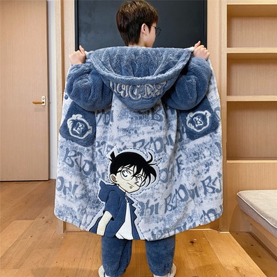 儿童法兰绒睡衣男童冬季加厚加绒男孩中大童青少年珊瑚绒睡袍套装