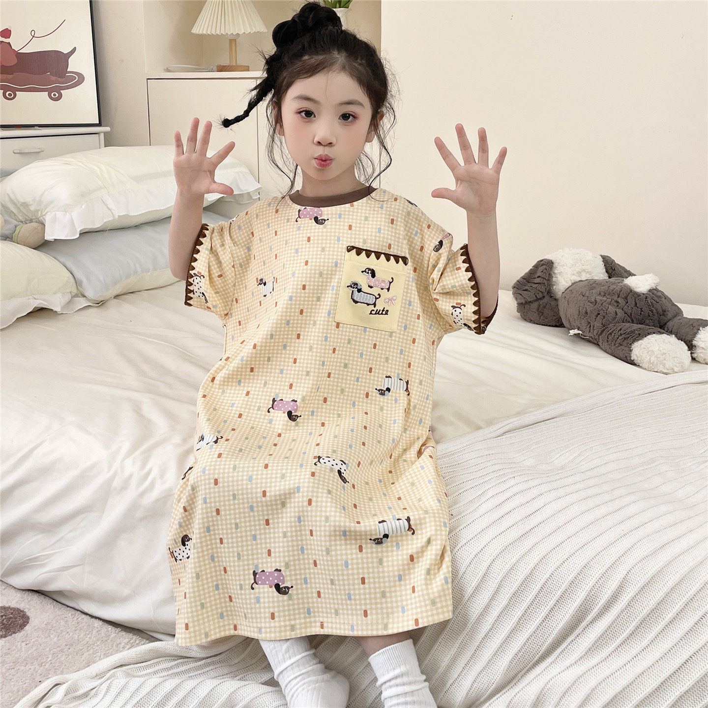 儿童睡衣女孩睡裙夏季薄款短袖纯棉女童中大童韩版可爱少女家居服