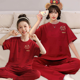 儿童睡衣女童夏季纯棉短袖长裤女孩中大童母女红色新年家居服套装