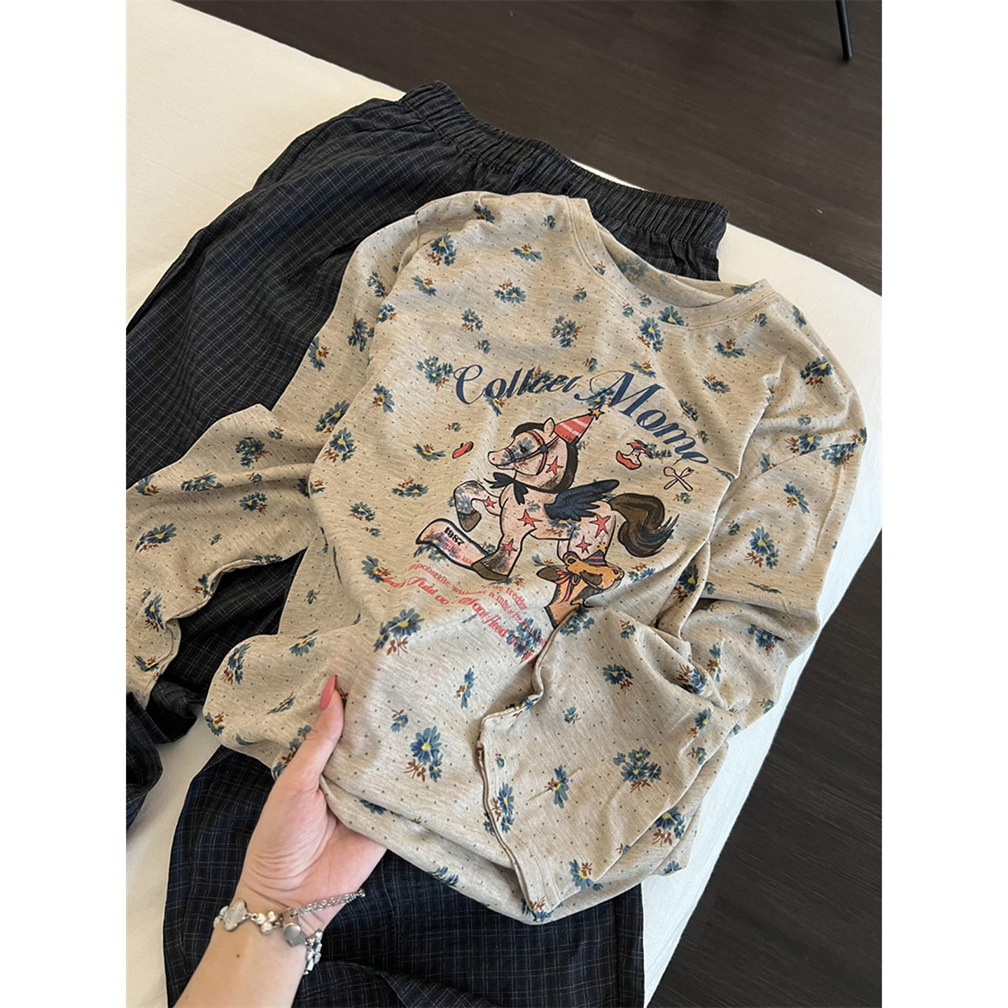 甜美可爱碎花波点梦幻小马印花长袖睡衣女秋季格子长裤家居服套装