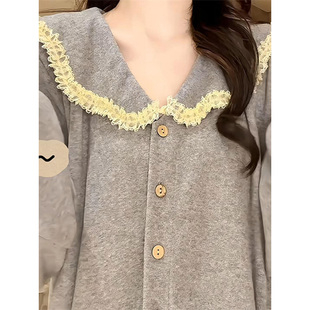 纯欲少女感灰色蕾丝花边翻领长袖睡衣女秋季保暖长裤家居服套装潮