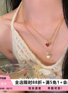 Pink Daily红色双面贝母爱心吊坠钛钢项链女简约锁骨链装饰毛衣链