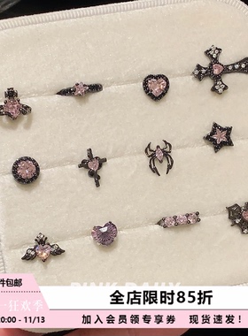 Pink Daily黑色闪钻甜酷辣妹风钛钢耳钉女锆石十字架耳骨钉耳饰