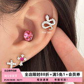 Pink Daily玫红银蛇耳骨钉钛钢十字架耳扣超闪华子耳蜗钉甜酷辣妹