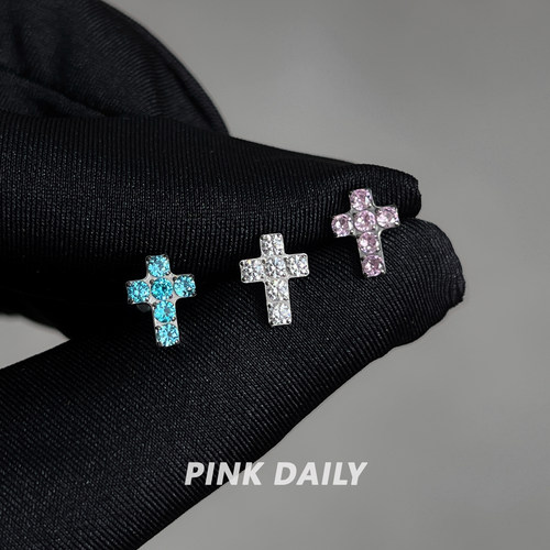 Pink Daily爆闪锆石十字架f136钛合金直针耳钉女养耳洞耳骨钉耳饰