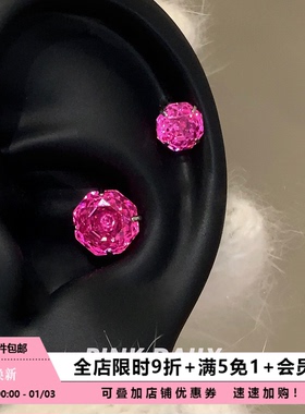 Pink Daily甜心芭比粉锆石玫瑰切钛钢耳钉女超闪精致耳骨钉耳饰