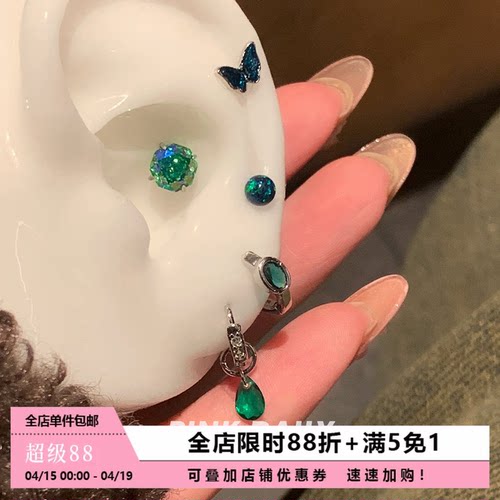 祖母绿耳圈耳钉钛钢气质