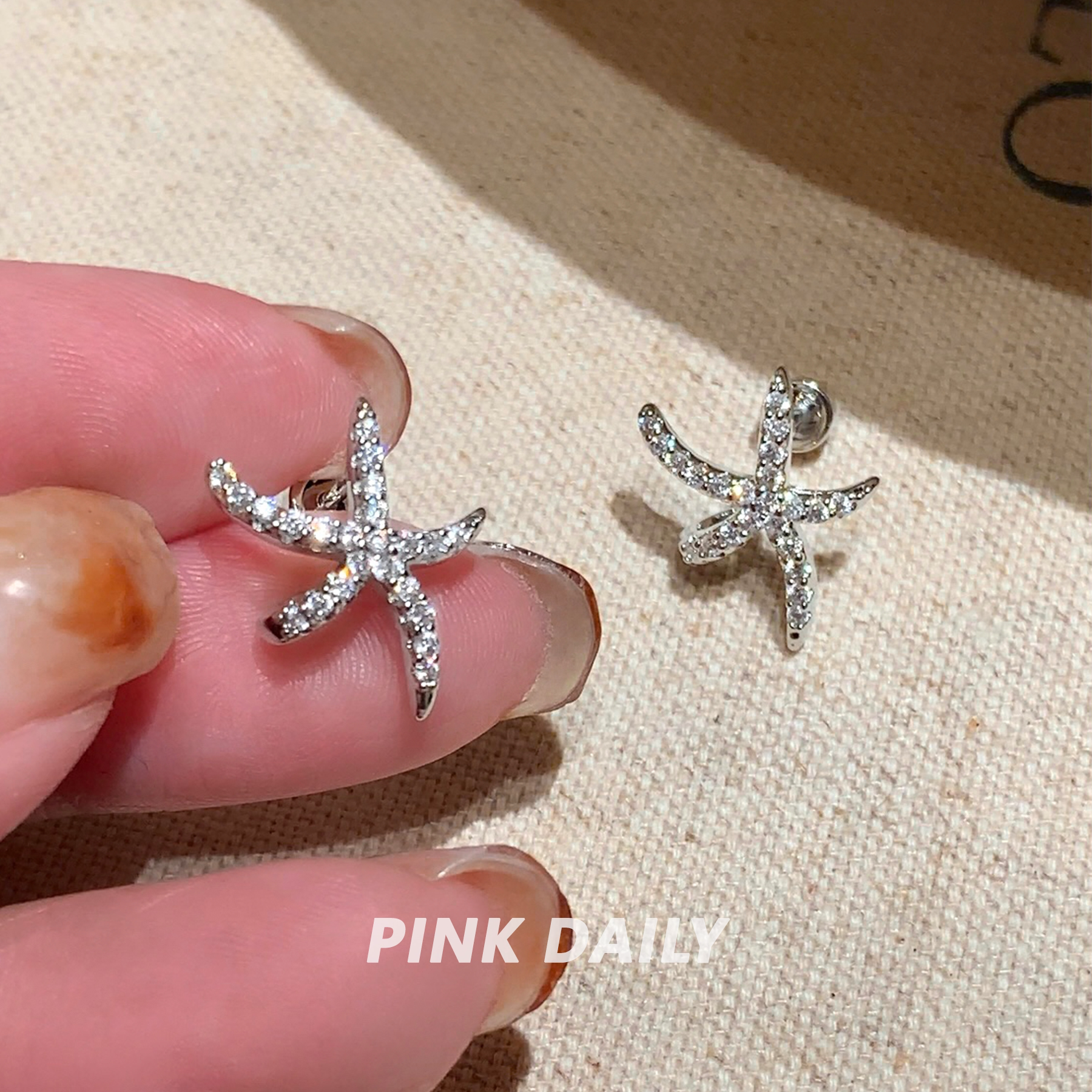 Pink Daily海星满钻锆石钛钢耳钉女海边度假风时尚小众耳骨钉耳饰
