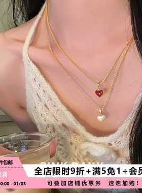 Pink Daily红色双面贝母爱心吊坠钛钢项链女简约锁骨链装饰毛衣链
