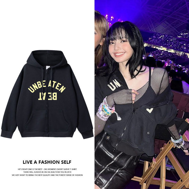 BLACKPINK演唱会LISA同款卫衣服宽松薄加绒拉链连帽开衫印花外套