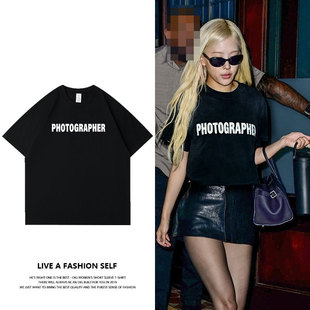 BLACKPINK朴彩英ROSE街拍同款衣服印花宽松纯棉休闲打底衫短袖T恤