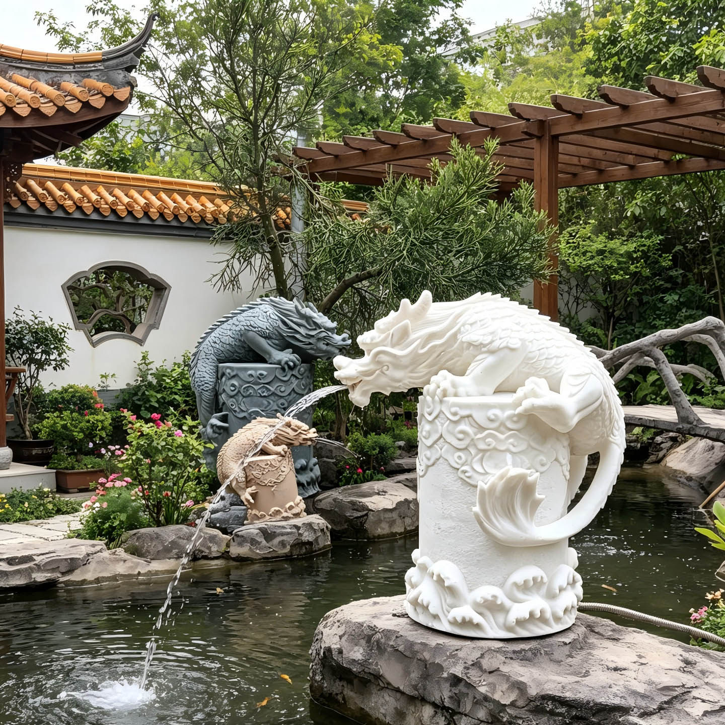 中式庭院家居民宿鱼池喷水造景流水喷泉摆件镇水兽龙水麒麟蚣蝮