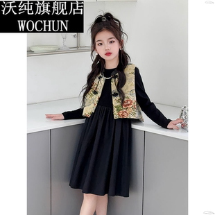 復(fù)古中大童網(wǎng)紅春裝 兒童裙子春秋新中式 女童連衣裙中國風(fēng)2024新款