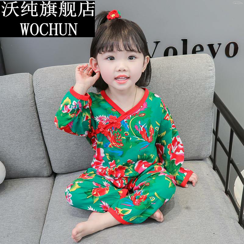 儿童纯棉睡衣春秋装女童长袖东北大花布套装小女孩宝宝复古家居服