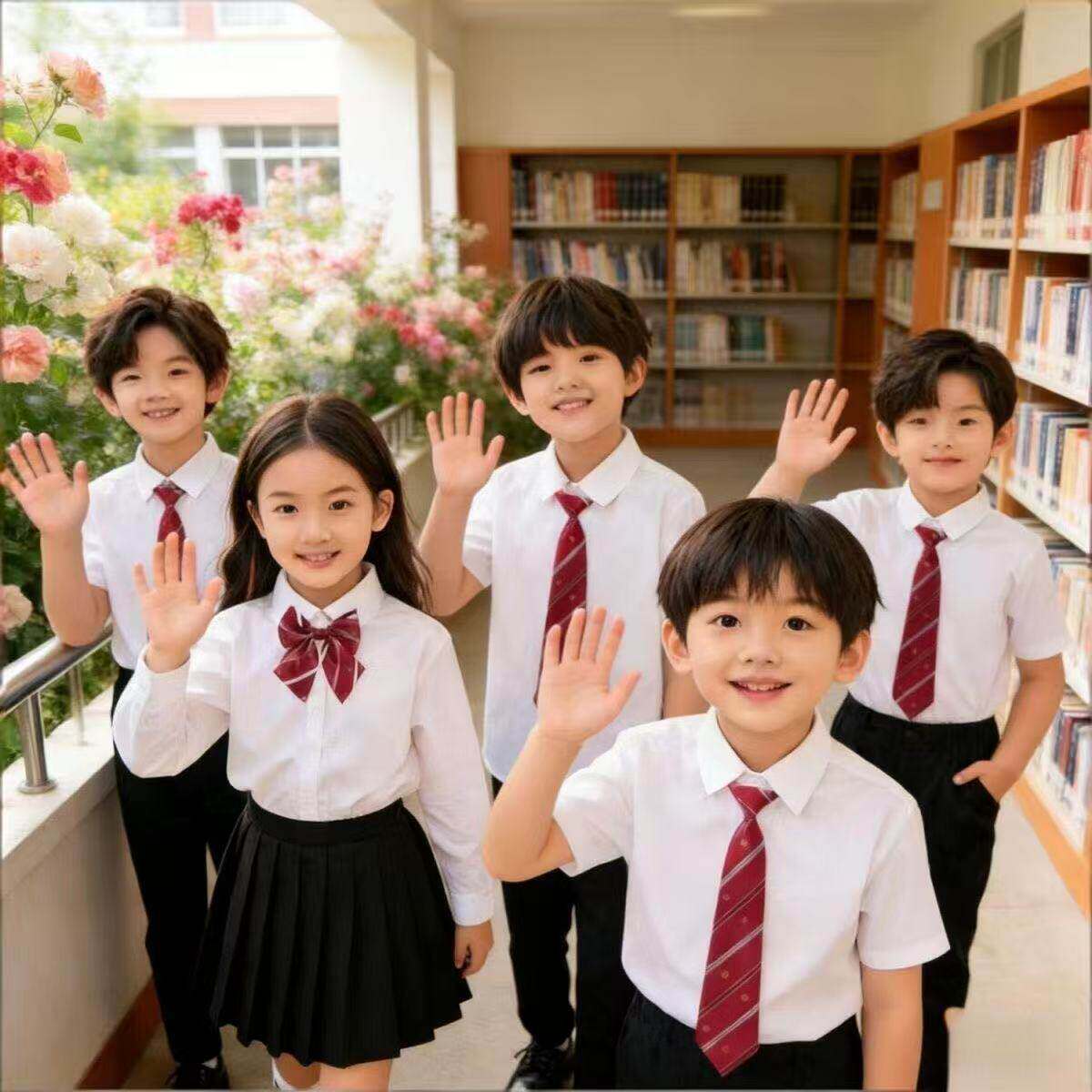 六一儿童白衬衫长袖男童衬衣黑裤女童表演出服小学生幼儿园毕业照