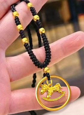 碎碎冰生肖马戒指圈编织黑绳项链