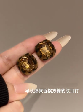 植绒豹纹咖色方糖独特小众耳钉