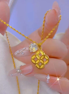 古法新中式四方铜钱币项链有钱花铜钱钱币吊坠锁骨链金钱纹女气质