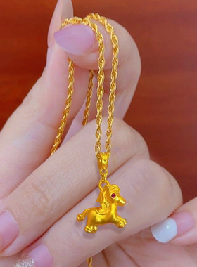 麻绳玫红色镶钻小马萌趣项链