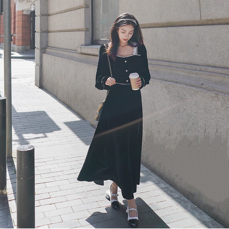 法式赫本风长款金丝绒连衣裙女2025秋冬年会高端气质宴会礼服裙子