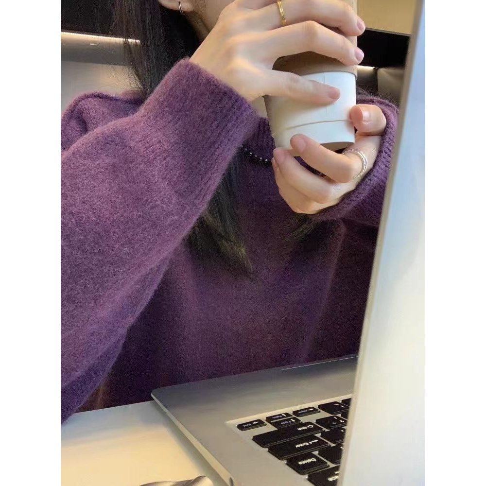 紫色毛衣女秋冬宽松内搭外穿圆领套头简约百搭软糯打底针织衫上衣