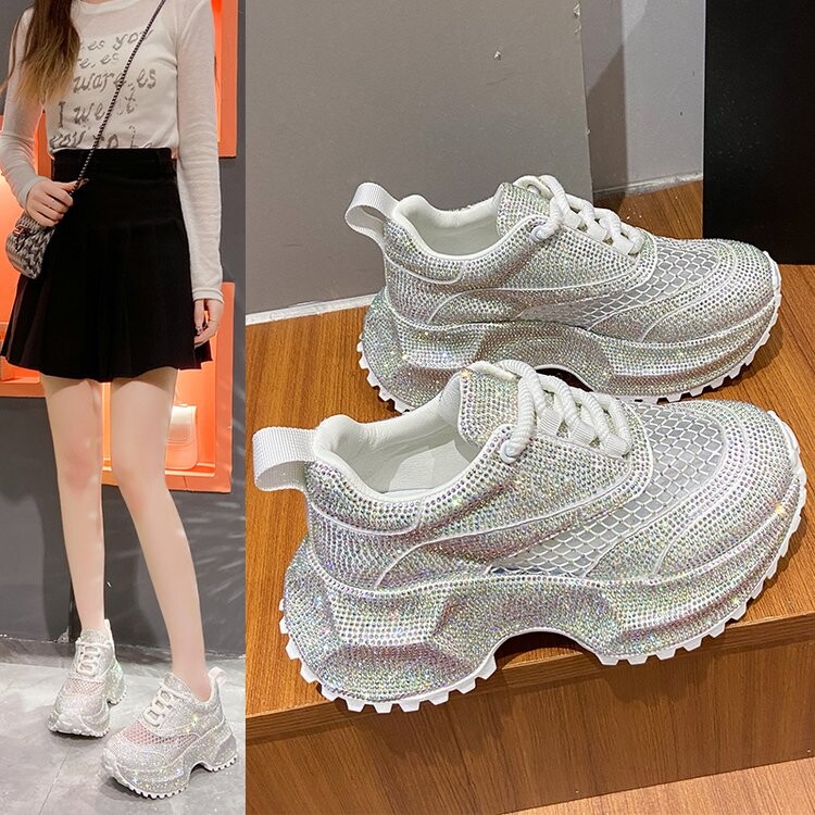 小个子增高欧货水钻系带松糕厚底老爹鞋女百搭网纱透气休闲运动鞋