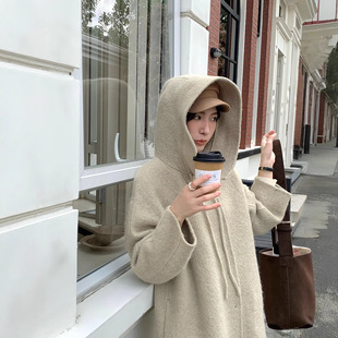 连帽羊绒大衣中长款韩版egg家系带宽松双面苏力圈圈毛羊毛呢外套