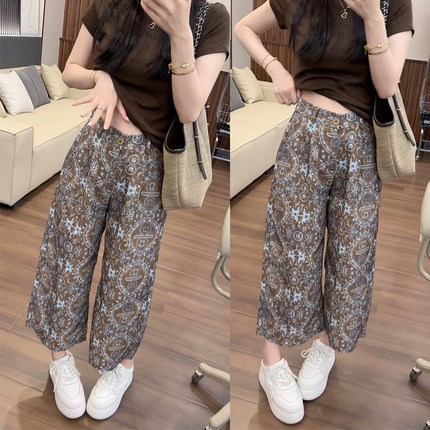 复古印花亚麻休闲阔腿裤女2026夏季新款薄款高腰垂感九分直筒裤潮