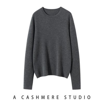 高品质精纺圆领100%纯山羊绒衫女宽松百搭针织毛衣大码保暖打底衫