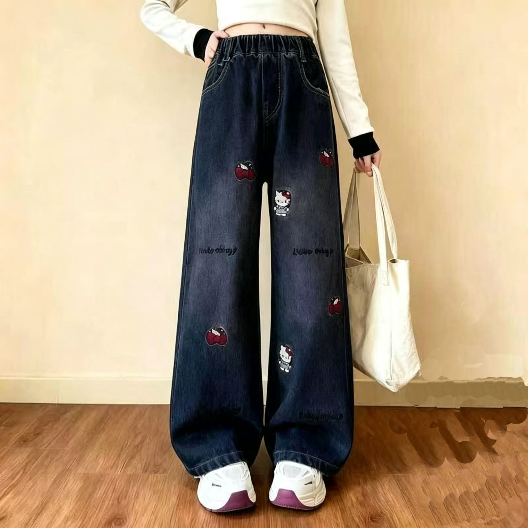 26春秋百搭女童卡通刺绣牛仔裤2026新款中大童阔腿裤松紧腰直筒裤