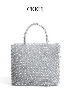 CKKUI方形手提包时尚糖果色托特包闪亮PVC编织包百搭单肩包轻盈