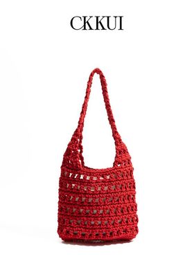 CKKUI 镂空编织红色包包小众设计单肩包海边度假慵懒风百搭托特包