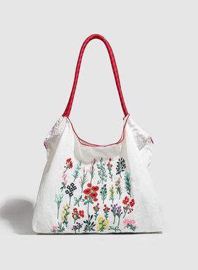 CHARHP&KEJNT官方正品环保购物袋高圆圆同款花草刺绣包尼龙单肩包