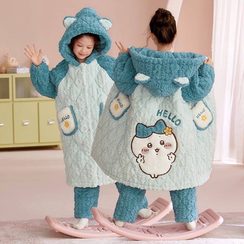 女童三层夹棉睡袍套装秋冬款2025新款儿童睡衣冬季加绒加厚款睡衣