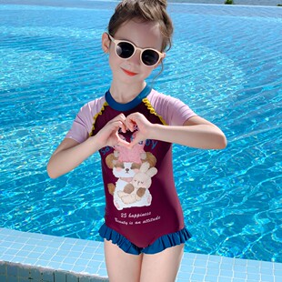 儿童泳衣女童女孩连体速干防晒学生中大童洋气长短袖 宝宝游泳衣夏