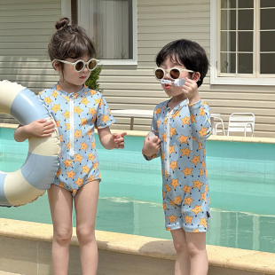 男童时髦女童度假防晒长袖 连体泳装 速干游泳衣潮 新款 儿童泳衣夏季