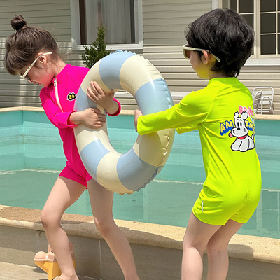 男童女童游泳衣多巴胺荧光色海边长袖连体中小童防晒速干儿童泳装